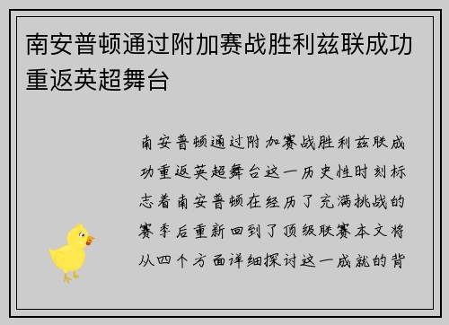 南安普顿通过附加赛战胜利兹联成功重返英超舞台