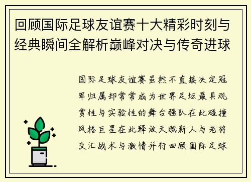 回顾国际足球友谊赛十大精彩时刻与经典瞬间全解析巅峰对决与传奇进球